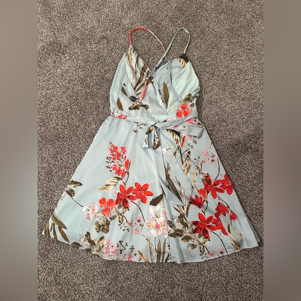 Lulu's Floral Mini Dress in Light Blue and Red - Picture 2 of 6